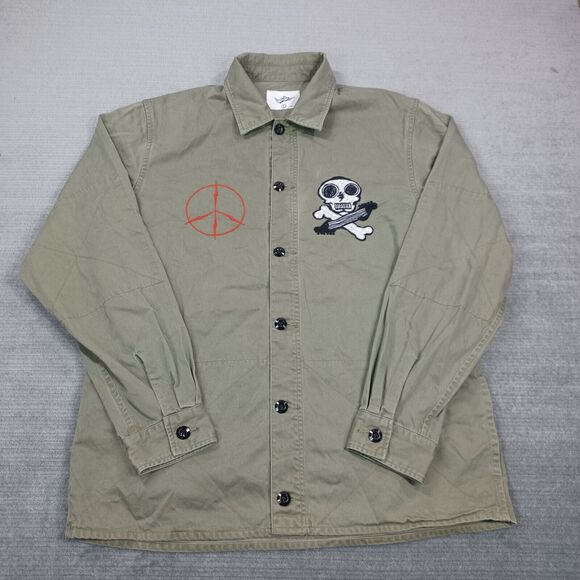 Doarat Shirt Mens L Green Button Up Military Skull Embroiderd Utility Made Japan